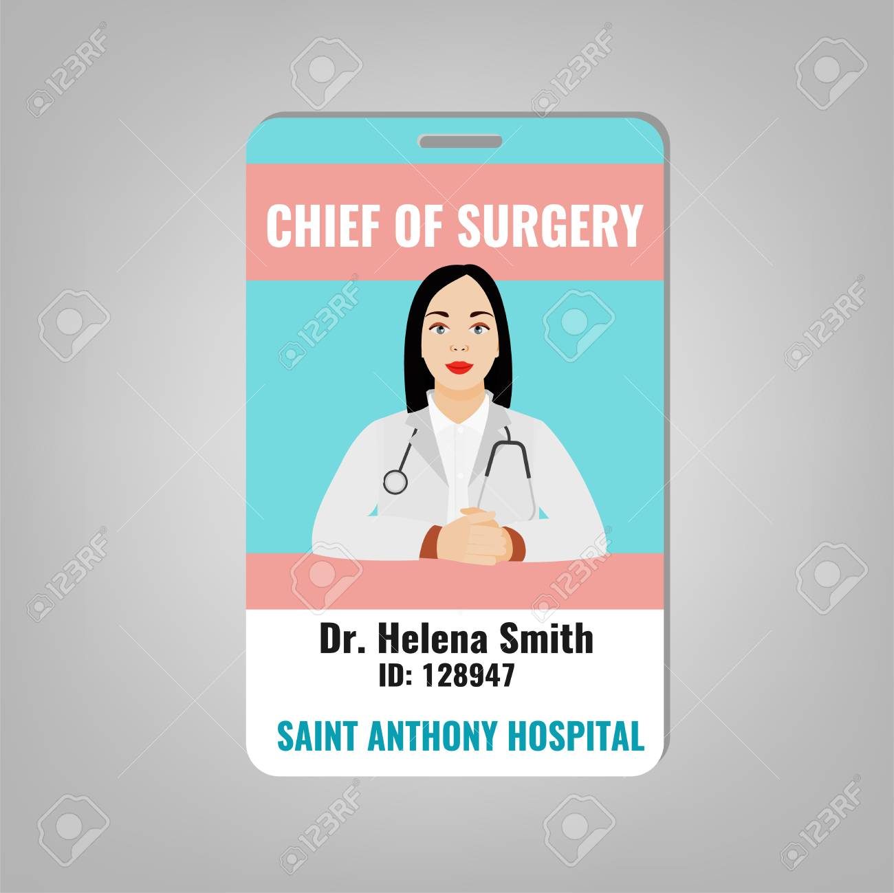 Doctors ID card with house surgeon image. Medical specialist badge template for medicine, emergency and healthcare industry. Vector ilustration isolated on a light grey background.